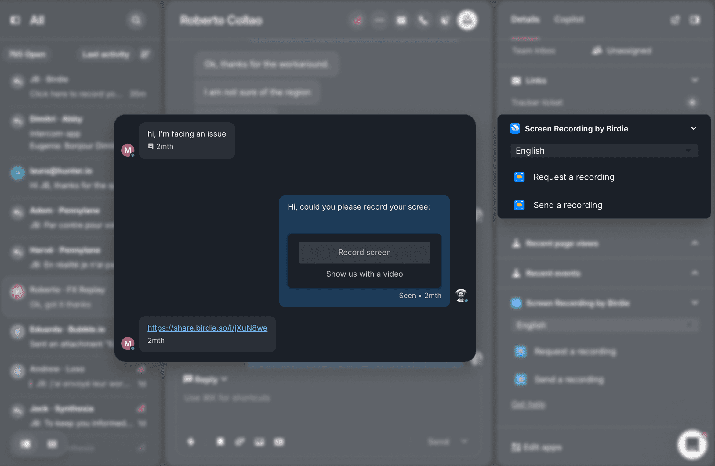 A dark interface displays a chat conversation with a Birdie screen recording integration option on the right, showing.