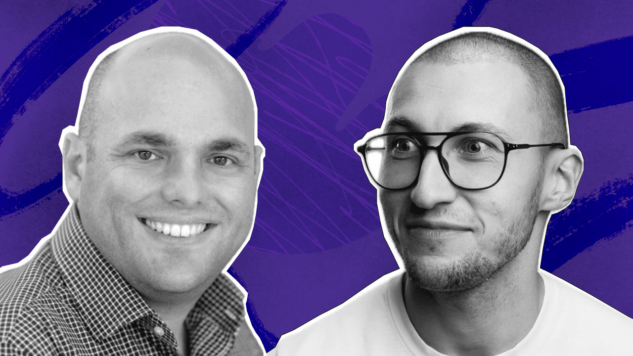 Two smiling men in black and white, one with glasses, against a vibrant purple abstract background representing Birdie's.