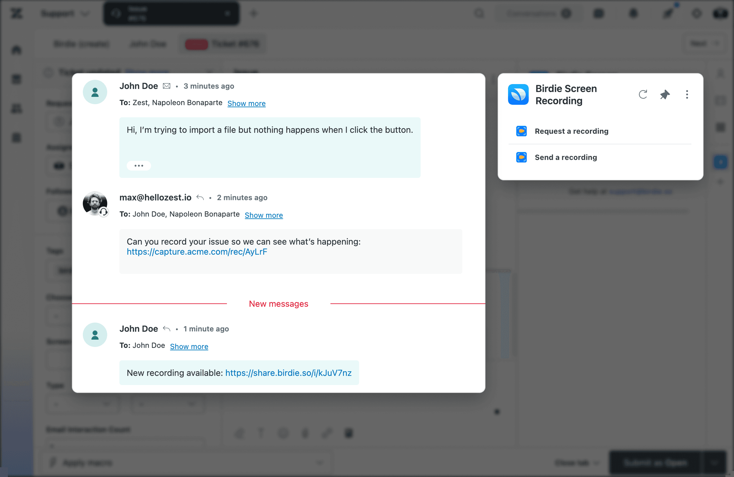A Birdie screen recording integration shows a chat conversation with options to request or send a recording, enhancing.