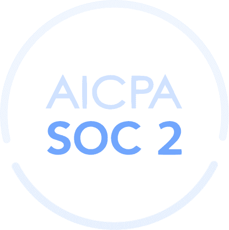 A clean white circular icon with a subtle dotted outline, featuring "AICPA" in light blue and "SOC 2" in a prominent.
