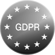 A sleek, circular grey badge with "GDPR" prominently displayed in white, encircled by twelve white stars symbolizing.