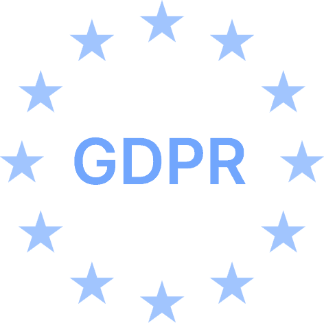The "GDPR" acronym in bold blue letters is encircled by twelve lighter blue stars, symbolizing data protection compliance.