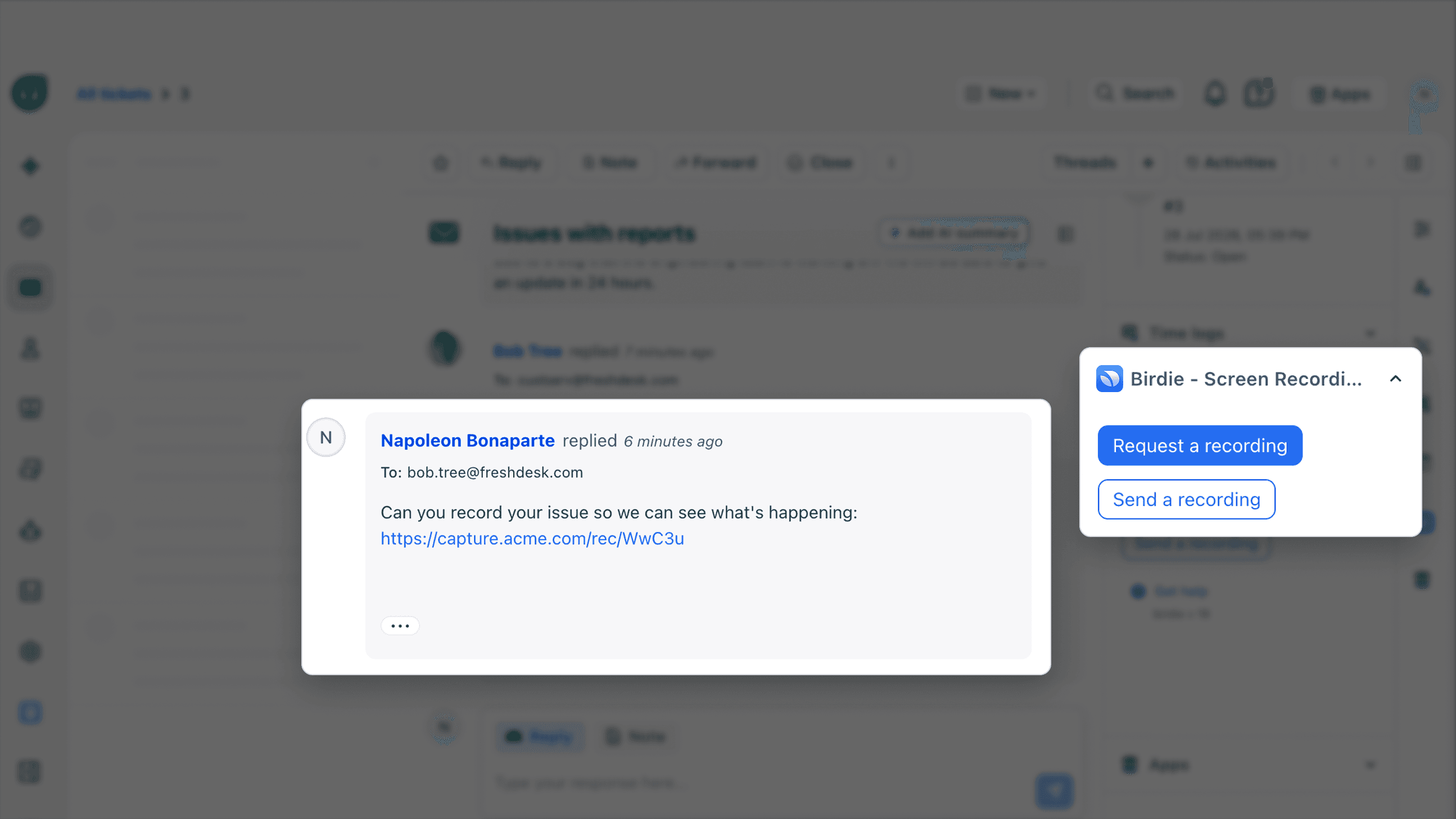 Birdie screen recording feature in Freshdesk showing options to request or send a recording