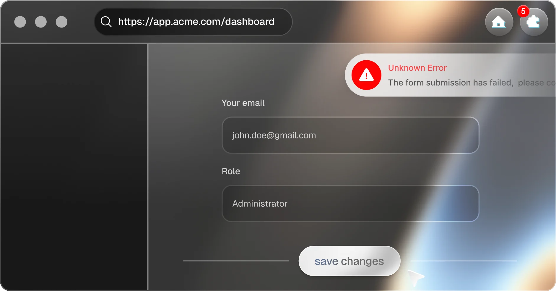 A user profile form with an error message indicating a failed submission.