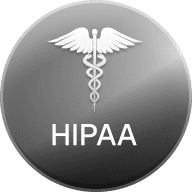 A sleek grey circular icon featuring a white Caduceus symbol above the "HIPAA" text, highlighting data security for Birdie.