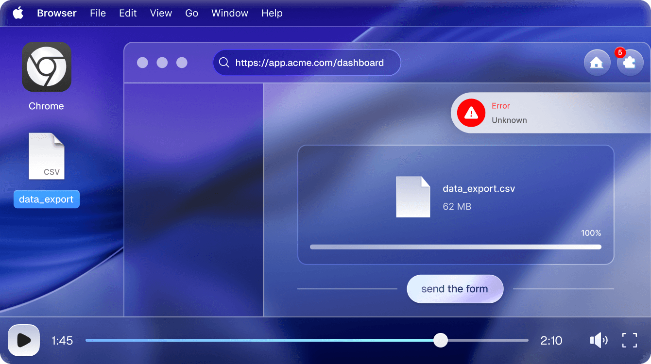 A desktop screen displays a Birdie dashboard with a "data_export.