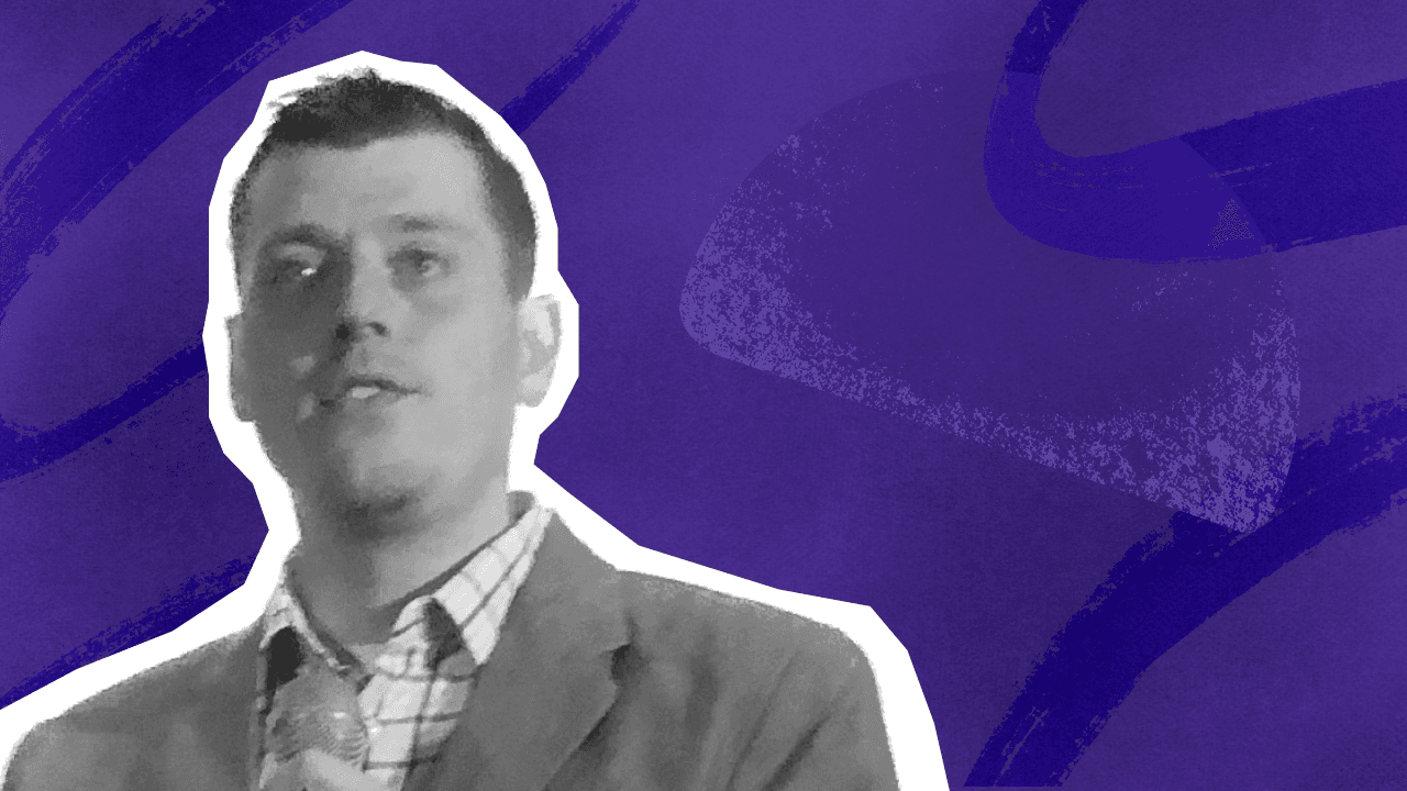 A professional man in a suit jacket and plaid shirt, outlined in white, against a vibrant purple abstract background with.