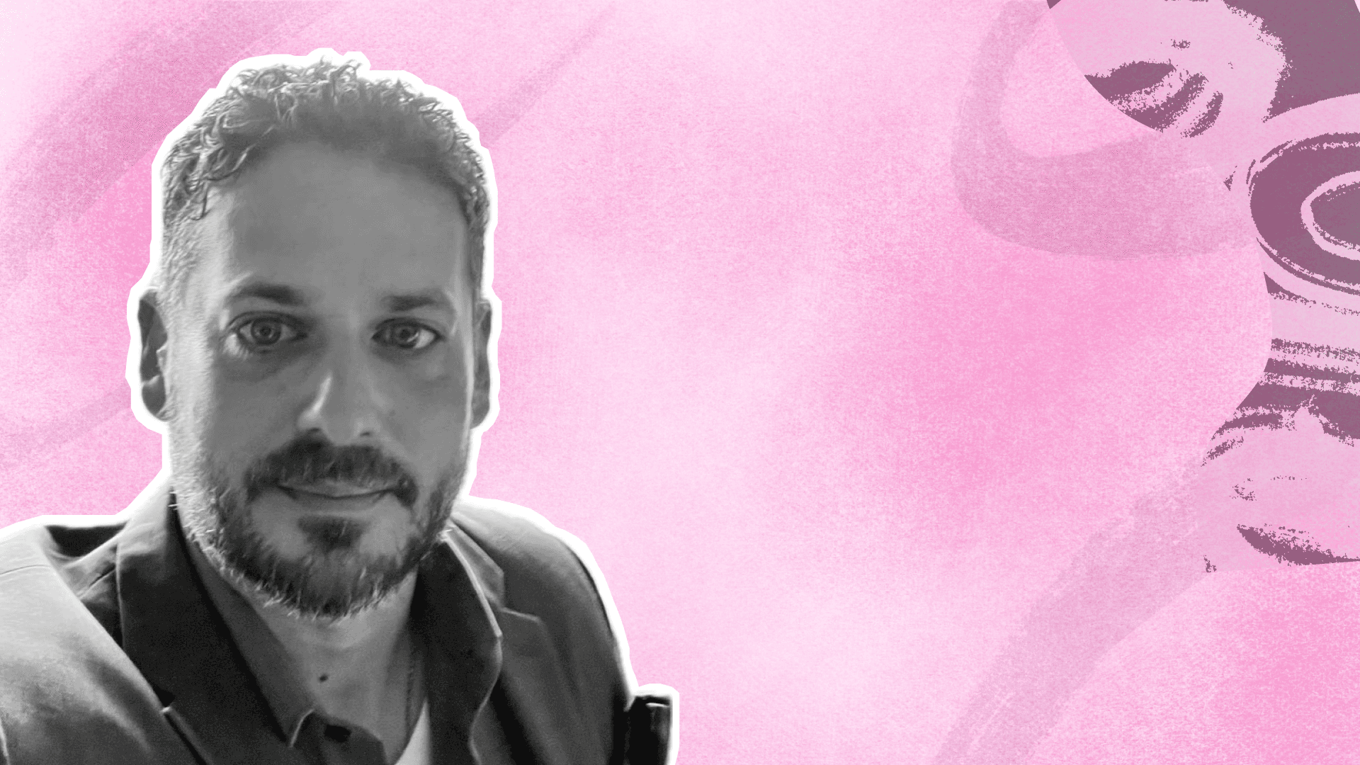 A man with a beard and short curly hair, rendered in grayscale, smiles against a vibrant pink and purple abstract.