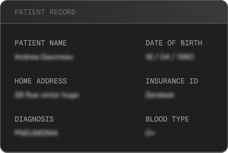 A dark digital patient record card, part of the Birdie platform, displaying blurred personal and medical details for privacy.