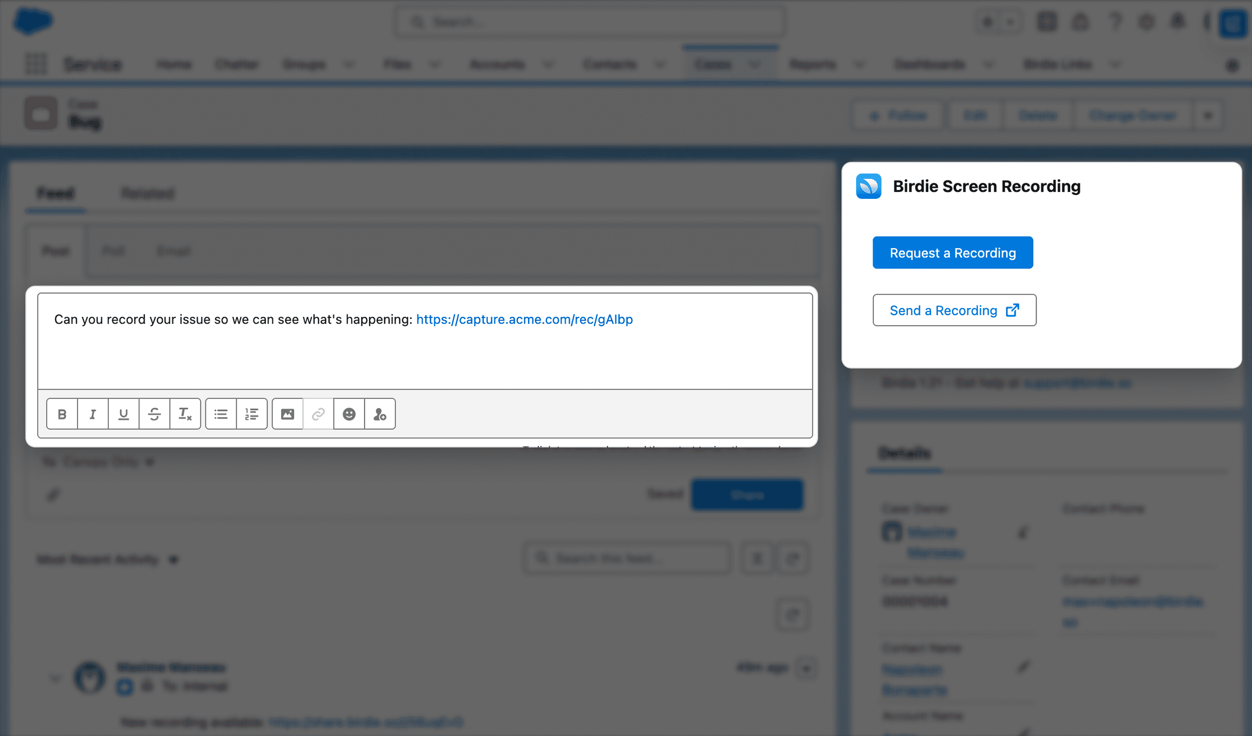 A Birdie screen recording integration within a CRM, showing a prompt to request or send a recording for issue resolution.